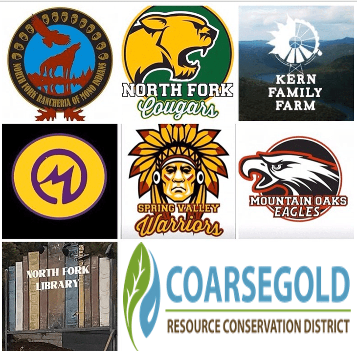 Collage of partner organization logos. Logos present are: North Fork Rancheria of Mono Indians, North Fork Cougars, Kern Family Farm, Monarch Joint Venture, Spring Valley Warriors, Mountain Oaks Eagles, North Fork Library, and Coarsegold RCD